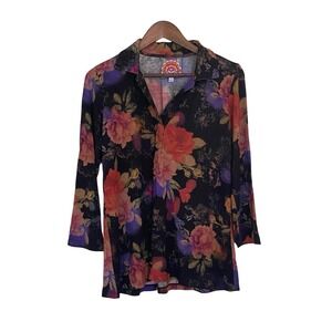 Johnny Was Los Angeles Women's Floral Knit Tunic Top Black Multicolor